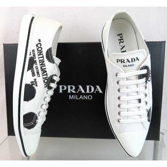 PRADA 1E617M WHITE BLACK POLKA CANVAS LOGO POINTY CAP LOW TOP SNEAKERS 38.5 - Picture 7 of 15